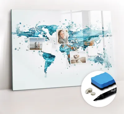 Produktbild von Magnetpinnwand Memoboard - Zubehörsatz - Schwarzer Marker + Schwamm + Magnete - 100 x 70 cm - Wasserweltkarte
