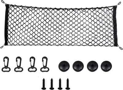 Produktbild von Unyqoos® lenpestia Kofferraumnetz 90 x 40 cm – elastisches zweilagiges Gepäcknetz aus Nylon mit 4 Haken, 4 Schnallen & 4 Schrauben, universal für die meisten Fahrzeugtypen