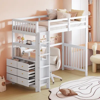Produktbild von Hochbett mit Regal, LED-Beleuchtung, Kleiderstange, Wandgitter, Leiter, Rausfallschutz, 90x200cm, Kinderbett, Metallbett