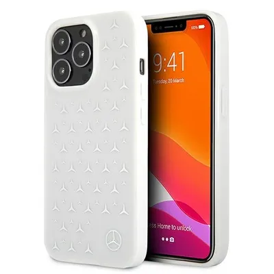 A white iPhone 13 Pro Max case with a silver star pattern is shown next to an iPhone.