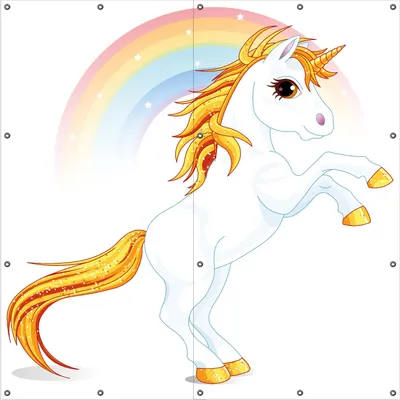 Produktbild von Wallario Outdoor-Poster für Garten oder Balkon, Motiv Weißes Einhorn vor einem Regenbogen, in ca. 180 x 180 cm