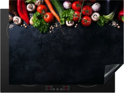 Produktbild von KitchenYeah© Herdabdeckplatte Gemüse - Kräuter - Gewürze - Schwarz - Rustikal - Küche , 71x52cm, Küche Deko, Glaskeramikkochfeld Herdabdeckung, Abdeckplatte fùr Kochfeld
