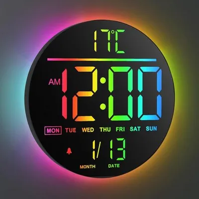 Obrázek produktu pro Digitální nástěnné hodiny s dálkovým ovládáním, 10palcové kulaté hodiny, 8 barev RGB, moderní LED displej, automatické nastavení jasu, letní čas, teplota, budík do obývacího pokoje, ložnice, kuchyně