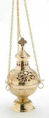Produktbild von Weihrauchfass mit Kette zum Hängen aus Messing Gold poliert Höhe 28 cm mit Innenschale aus Stahl für die Räucherkohle