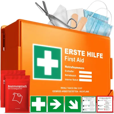Immagine prodotto di Kit di primo soccorso - Norma DIN 13157:2021 - Impermeabile - Con supporto a parete e adesivi