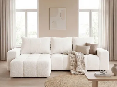 Produktbild von GrainGold Ecksofa L-Form Bresso - Ecksofa mit Schlaffunktion, Bettkasten - Moderne Ecksofa, Wohnzimmer Sofa - Eckcouch mit Bouclé-Stoff - Creme