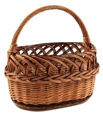 A woven basket with a handle on a white background.
