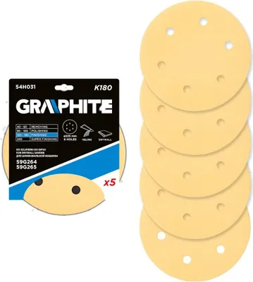 Immagine prodotto di GRAPHITE Carta abrasiva velcrata 225 mm, K180, 5 pezzi, con 6 fori per levigatrice 59G264, 59G265