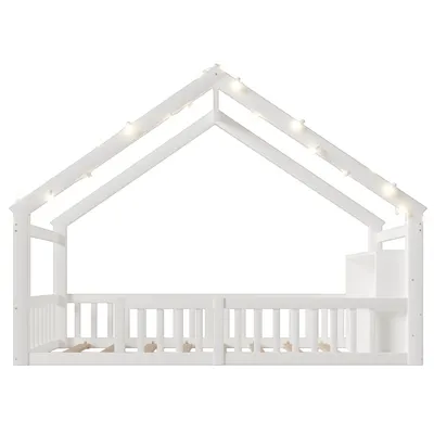 Produktbild von Flieks Kinderbett Hausbett 90x190cm mit Led, Bodenbett mit Regal, Flachbett Holzbett Einzelbett mit Rausfallschutz für Kinderzimmer, Weiß