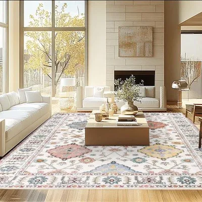 Imagen del producto de Ibenzoa® Alfombra bereber vintage, 160 x 230 cm – Alfombra de diseño para el hogar, suave y lavable, con estampado en un solo lado, base antideslizante, en tonos beige, azul, verde, naranja y morado