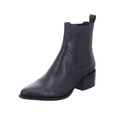 A black leather chelsea boot with a block heel, shown from the side against a white background.