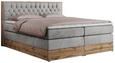 Produktbild von MKS MEBLE King Boxspringbett 200x200 mit Bettkasten Eiche, Polsterbett 200x200 mit Matratze H3, Bett 200x200 mit Kopfteil, Bett mit Holzrahmen in Wotan Eiche - Hellgrau Velvet - Amore King