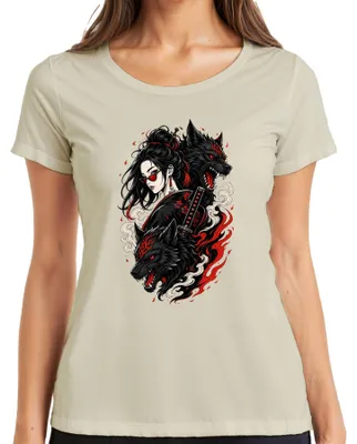 Obrázek produktu pro Japonská válečnice, dva vlci, katana, anime, Japonsko, styl Y2K, dámské tričko, přírodní motiv, velikost S