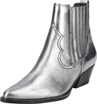 A single silver western-style ankle boot is shown against a white background.