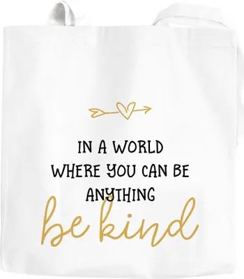 Produktbild von Jutebeutel Spruch In a world where you can be anything be kind Statement Stoffbeutel postives Denken Message SpecialMe® weiß-gelb 2 lange Henkel