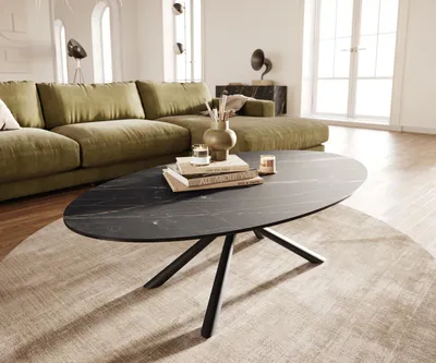 Produktbild von DELIFE Couchtisch Edge Oval 140x80 cm Keramik Laminam® Noir Desir Braun Sarity Metall Schwarz