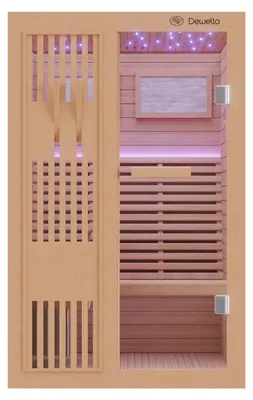 Produktbild von Dewello Finnische Sauna MINTO 120x120 Kabine aus Hemlock Tannenholz mit 3,5 kW Harvia Ofen, inkl Sauna Set