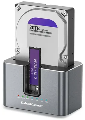 Imagen del producto de Estación de acoplamiento Qoltec para discos duros/SSD SATA y M.2 NVMe, con función de clonación, USB-C 3.2