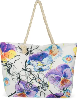 Produktbild von styleBREAKER Große Strandtasche mit buntem Veilchen Blüten Print | Damen Shopper mit Reißverschluss und Kordelhenkel | XXL Badetasche 57 x 39 x 16 cm