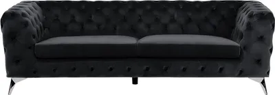 A black, three-seater Chesterfield sofa with tufted detailing and silver legs, presented on a white background.