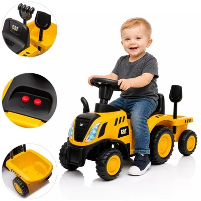 Productafbeelding van CAT Tractor Loopauto met aanhanger (1–3 jaar) – Officieel gelicenseerd door Caterpillar, met claxon, licht en accessoires – Gele kinderloopauto in de vorm van een tractor