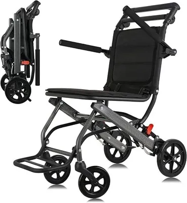Productafbeelding van Opvouwbare rolstoel, ultralicht (6,8 kg), geschikt voor mensen met een beperking en senioren. Transportrolstoel, geschikt voor zowel binnen- als buitengebruik. Reisrolstoel met handrem