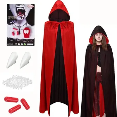 Productafbeelding van Vampierenkostuum Dames Set voor Halloween - Cape met Kap, Vampiertanden en Nepbloed