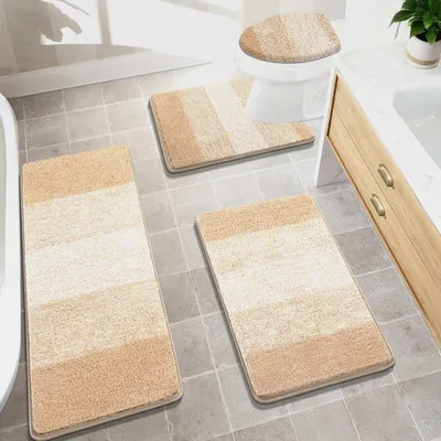 Produktbild von Badezimmerteppich-Set, 4-teilig, mit WC-Bezug, weich, saugfähig, rutschfeste Badematten, maschinenwaschbar, Badezimmerteppiche mit U-förmiger Kontur, WC-Vorleger, Orange