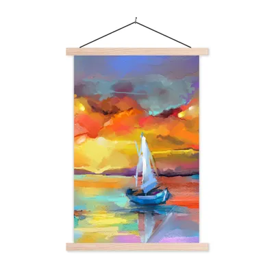 Produktbild von MuchoWow® Textilposter Malerei - Ölfarbe - Boot - Farben 60x90 cm mit holzfarbenen Rahmen - Textil