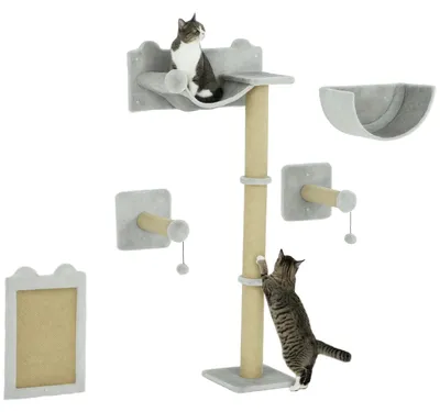 Immagine prodotto di PawHut Parete da arrampicata per gatti, 5 pezzi, con tiragraffi, amaca e piattaforma di salto