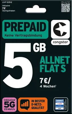 Produktbild von congstar Prepaid Allnet S: 5 GB Datenvolumen & Flatrate für Telefonie und SMS, 5G-Speed, EU-Roaming