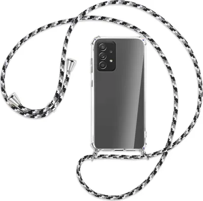 Produktbild von Handykette Backcover-Schutzhülle mit Band (Metall silberfarben) für Samsung Galaxy A72 - schwarz/grau/weiß