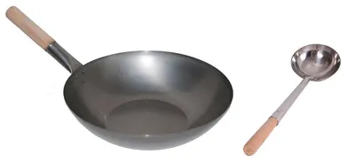 Produktbild von WOK SET, 36FB-K02, Wok Pfanne 36 cm Ø flacher Boden Kohlenstoffstahl + Wokkelle 02 Edelstahl 44 cm mit Holzgriff genietet, Pfanne geeignet für Gas, Induktion, Glaskeramik und Elektro, AAF Nommel ®