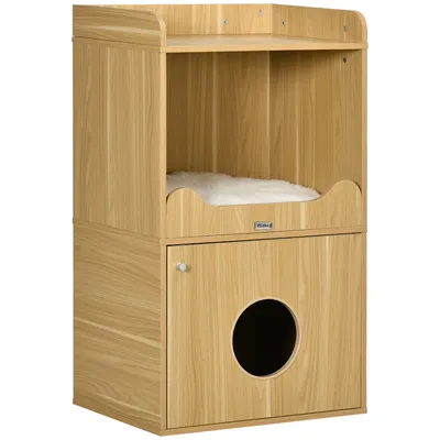 Image de PawHut Maison de toilette pour chat, meuble litière chat, armoire de rangement, 3 niveaux, compartiment fermé par une porte, 1 coussin, 60 x 45 x 103 cm