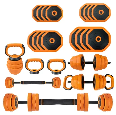 Produktbild von 4-in-1 Hantelset - Kurzhantel/Langhantel/Kettlebell/Liegestützgriffe - 30 kg Gesamt - 2 Pakete - Sprühlackiert - Für Home Gym Krafttraining