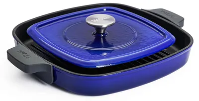 Immagine prodotto di Padella in ghisa Woll Iron 28 x 28 cm 4,5 cm di altezza con pressa per bistecche blu