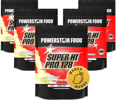 Produktbild von Powerstar SUPER HI PRO 128 | Mehrkomponenten Protein-Pulver 5x1kg | Höchste Biologische Wertigkeit | Protein-Shake zum Muskelaufbau | Mango