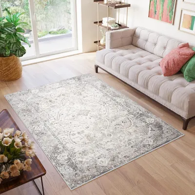 A living room scene with a rug, sofa, and plant.