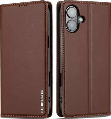 Image de Étui magnétique en cuir pour iPhone 17, avec fente pour cartes et fonction de support Marron