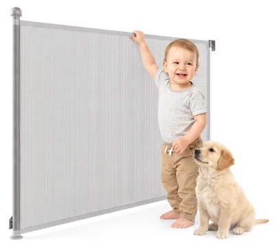 Produktbild von Moby System Schutzgitter mit Press & Pull für Kinder und Haustiere, graues Netz bis 140 cm, inklusive Halterungen, Klebeband und Schrauben