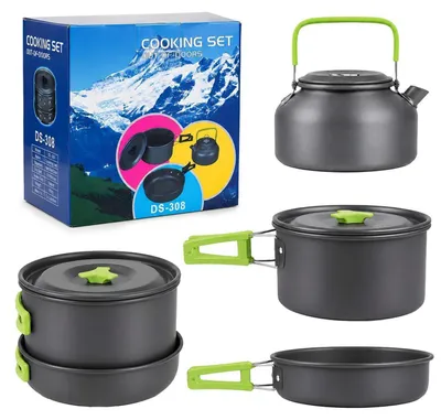 Image de Ensemble de vaisselle de camping en aluminium, vert, 3 pièces, avec sac de transport