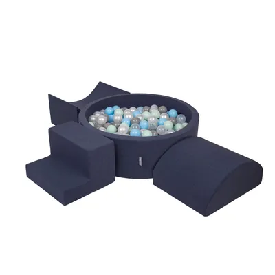 Obrázok produktu pre KiddyMoon Mäkké penové ihrisko pre deti s guľatým loptičkovým ihriskom (300 ∅ 7 cm) s mäkkými prekážkami a loptičkovým bazénom,  vyrobené v EÚ, Tmavomodrá:Perla/Grey/Transparentné/Babyblu