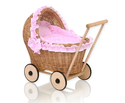 Immagine prodotto di Carrozzina per bambole in vimini con lenzuola rosa e morbida fodera - naturale