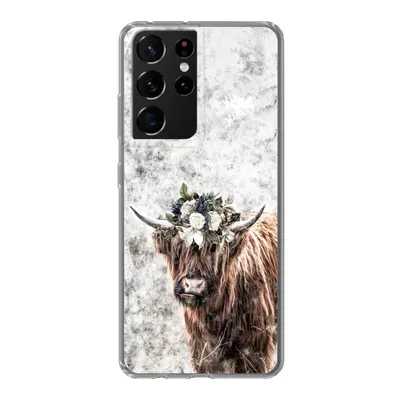 Produktbild von MuchoWow® Handyhülle Schutzhülle Hülle für Samsung Galaxy S21 Ultra Schottischer Highlander - Marmor - Blumen Silikon Softcase Handy Hülle - Mobiltelefon