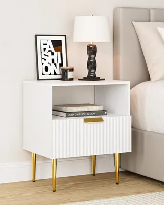 Productafbeelding van Nachtkastje 50 x 40 x 60 cm, 1 lade, wit hout en goud, voor slaapkamer