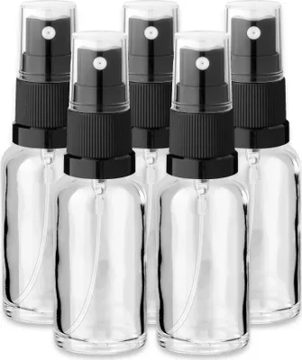 Produktbild von 5x Glasflasche klar 30 ml mit schwarzem Zerstäuber Kosmetikflaschen