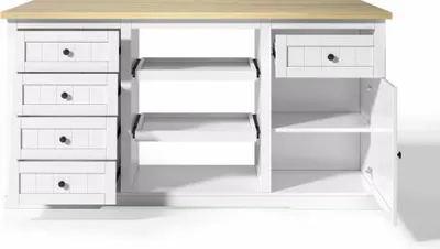 Produktbild von Sideboard Kuecheninsel Bar-Schrank 150x65x75cm Weiss Mit 5 Schubladen 2 Ausziehboeden Klappbarer Erweiterungsplatte Integrierten Steckdosen Vitrine