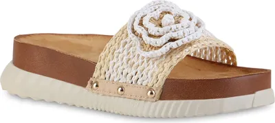 Produktbild von VAN HILL Damen Pantoletten Sandaletten Blumen Profil-Sohle Bast Schuhe 841745, Farbe: Weiß, Größe: 39