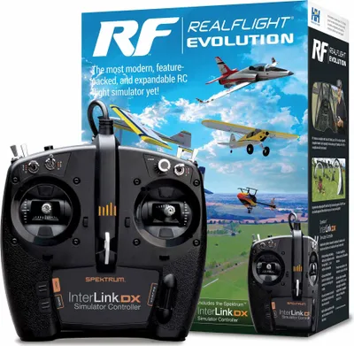 A product box for a Realflight Evolution RC flight simulator, with a controller in the foreground.