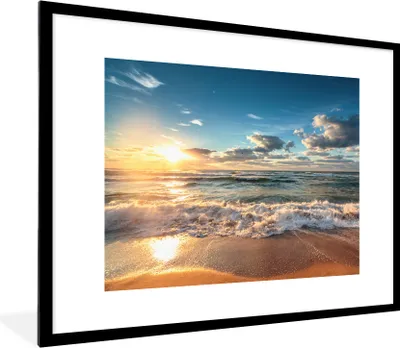 Produktbild von MuchoWow® Gerahmtes Poster Strand - Meer - Sonnenuntergang 80x60 cm - Poster mit Schwarzem Bilderrahmen Wandposter Rahmen Foto Bilder - Schlafzimmer-Dekorationen - Fotoposter